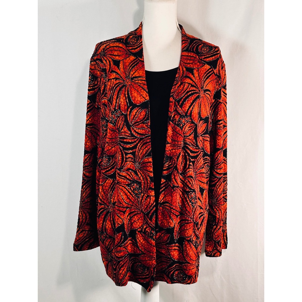 JM Collection Woman 2X Orange Black Floral Glitter Cardigan Jacket